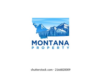 Montana property logo rocky mountain with house and pine tree element maps state of montana