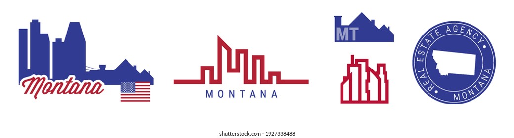 Montana real estate agency. US realty emblem icon set. Flat vector illustration. American flag colors. Big city and suburbs. Simple silhouette map in the round seal stamp.