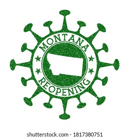 Montana Reopening Stamp. Green round badge of us state with map of Montana. Us state opening after lockdown. Vector illustration.