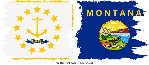 Montana and Rhode Island states grunge brush flags connection, vector