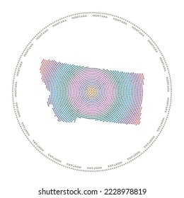 Montana round logo. Digital style shape of Montana in dotted circle with US state name. Tech icon of the US state with gradiented dots. Artistic vector illustration.