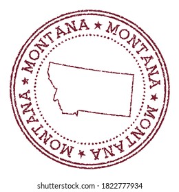 Montana round rubber stamp with us state map. Vintage red passport stamp with circular text and stars, vector illustration.