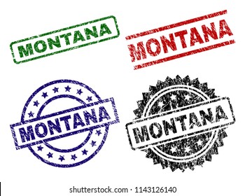 MONTANA seal stamps with corroded texture. Black, green,red,blue vector rubber prints of MONTANA caption with corroded texture. Rubber seals with round, rectangle, rosette shapes.