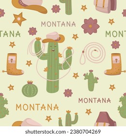 Montana seamless pattern in boho style, color vector background with a cactus-cowboy