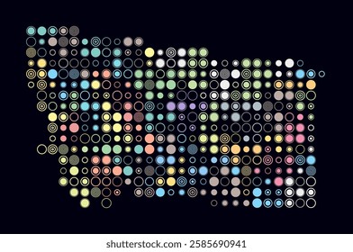 Montana, shape of the state build of colored cells. Digital style map of the Montana on dark background. Large size circle blocks. Amazing vector illustration.