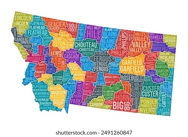 Montana shape. State word cloud with county division. Montana colored illustration. County names cloud. Vector illustration.