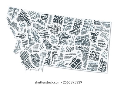 Montana shape text cloud. State border with shadow on white background. Montana with counties division in vintage gazette style. Creative vector illustration.