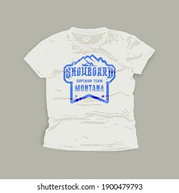 Montana snowboarding emblem. Graphic design for t-shirt. Blue print on white wear