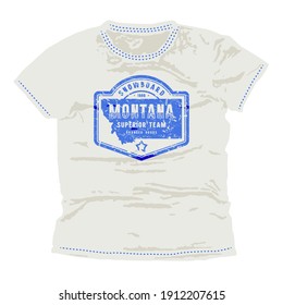 Montana snowboarding emblem. Graphic design for t-shirt. Blue print on white wear