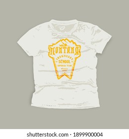 Montana snowboarding school emblem. Graphic design for t-shirt. Yellow print on white wear