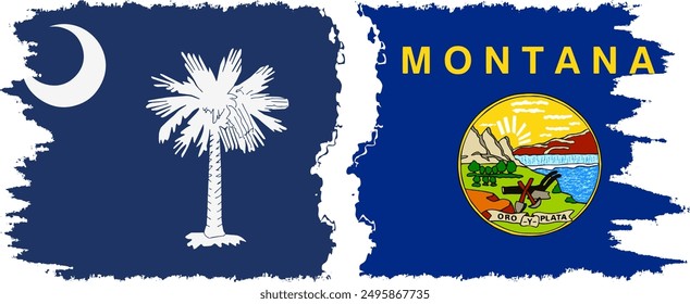 Montana and South Carolina states grunge brush flags connection, vector