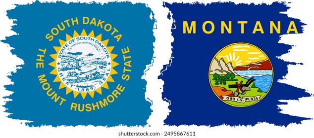 Montana and South Dakota states grunge brush flags connection, vector