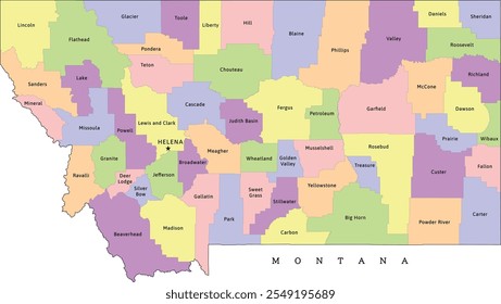 Montana state administrative map with counties. Colored. Vectored. Bright colors