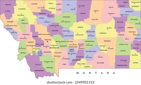 Montana state administrative map with counties and seats. Colored. Vectored. Bright colors