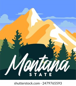 montana state with beautiful nature and animal silhouettes