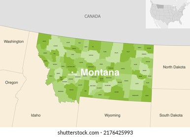 Montana state counties vector map with neighbouring states and terrotories