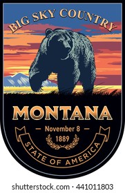 Montana state emblem, grizzly bear, sunset on a dark background