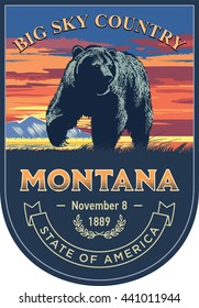 Montana state emblem, grizzly bear, sunset on a blue background