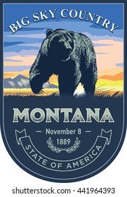 Montana state emblem, grizzly bear, sunset on a blue background