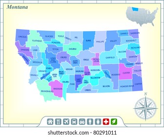 Montana State Map with Community Assistance and Activates Icons Original Illustration