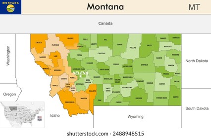 Montana state map with counties borders and colored congressional districts boundaries due to The 2020 United States census and which is valid since 2023. Flag of Montana. Vector