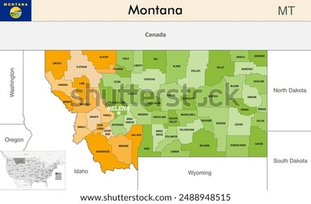 Montana state map with counties borders and colored congressional districts boundaries due to The 2020 United States census and which is valid since 2023. Flag of Montana. Vector