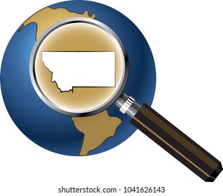 Montana State Map Enlarged with Magnifying Glass on Globe