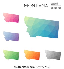 Montana state map in geometric polygonal style. Set of Montana state maps filled with abstract mosaic, modern design background. Multicolored state map in low poly style.