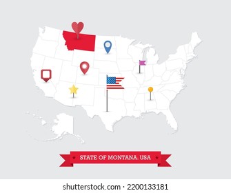 Montana State map highlighted on USA map. Montana map on United state of America with flag and navigation icons.