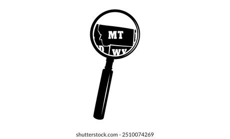 MONTANA state map in magnifying glass, black isolated silhouette