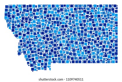 Montana State map mosaic of random dots in various sizes and blue color hues. Vector square elements are arranged into Montana State map collage. Abstract cartography scheme design concept.