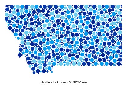 Montana State Map mosaic of small circles in various sizes and blue color tinges. Random dots are composed into Montana State Map composition. Vector geographical blue map vector illustration.