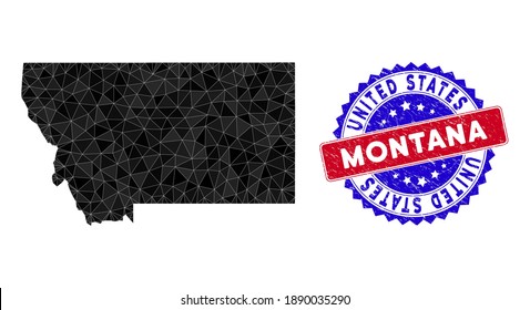 Montana State map polygonal mesh with filled triangles, and distress bicolor seal. Triangle mosaic Montana State map with mesh vector model, triangles have different sizes, and positions,