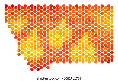 Montana State map. Vector hex tile territorial map drawn with hot color tones. Impressive Montana State map mosaic is combined of burn hex-tile dots.