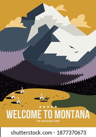 Montana state on a vector poster with mountain range and Indian wigwams