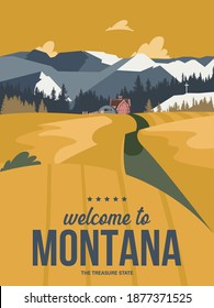 Montana state on a vector poster with an old farm and fields