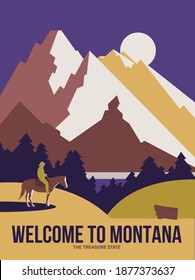 Montana state on a vector poster with the American cowboy on the horse