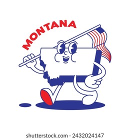 Mascota retro del estado de Montana con la mano y el pie clip art. USA Map Pegatinas de dibujos animados retro con divertidos personajes cómicos y manos enguantadas. Plantilla vectorial para sitio web, diseño, portada, infografías.