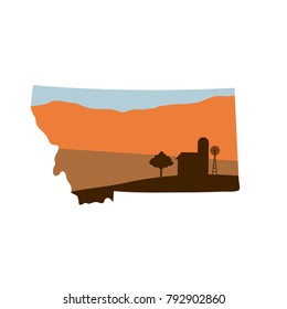 Montana State Shape with Farm at Sunset with Windmill, Barn, and a Tree