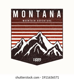 Montana State t-shirt design with mountains and slogan. Typography graphics for tee shirt with grunge. Montana apparel print. Vector.