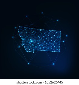 Montana state USA map glowing silhouette outline made of stars lines dots triangles, low polygonal shapes. Communication, internet technologies concept. Wireframe futuristic vector illustration