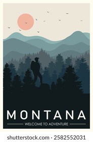 Montana travel illustration. Montana retro poster. United States of America greeting card