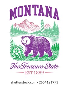 Montana The Treasure State - Estados Unidos Cityscape T-shirt Vetor, Ícones americanos de referência, Vintage Estados Cityscape Camisa, Retro Travel City Art, Estados Citações de referência, Estado de férias Ilustração