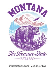 Montana The Treasure State - US State Vintage T-shirt Vector, USA States Cityscape Landmark Icons, American State Typography Shirt, USA Skyline Clipart, Retro travel city illustration