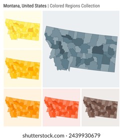 Montana, United States. Map collection. State shape. Colored counties. Blue Grey, Yellow, Amber, Orange, Deep Orange, Brown color palettes. Border of Montana with counties. Vector illustration.