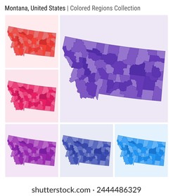 Montana, United States. Map collection. State shape. Colored counties. Deep Purple, Red, Pink, Purple, Indigo, Blue color palettes. Border of Montana with counties. Vector illustration.