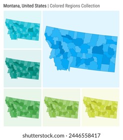 Montana, United States. Map collection. State shape. Colored counties. Light Blue, Cyan, Teal, Green, Light Green, Lime color palettes. Border of Montana with counties. Vector illustration.