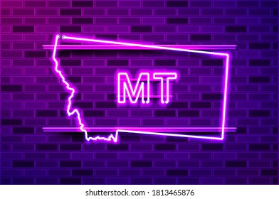 Montana US state glowing neon lamp sign. Realistic vector illustration. Purple brick wall, violet glow, metal holders.