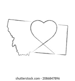 Montana US state hand drawn pencil sketch outline map with heart shape. Continuous line drawing of patriotic home sign. A love for a small homeland. T-shirt print idea. Vector illustration.