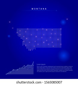 Montana US state illuminated map with glowing dots. Infographics elements. Dark blue space background. Vector illustration. Growing chart, lorem ipsum text.